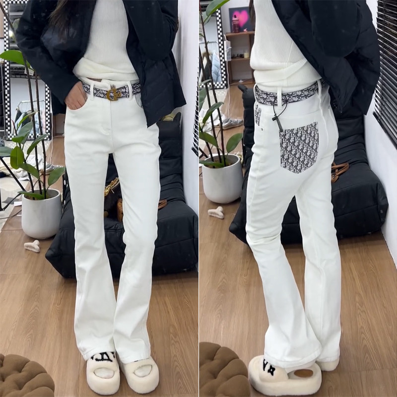 拼色口袋刺绣字母微喇叭牛仔裤女2024秋冬新款弹力高腰显瘦马蹄裤