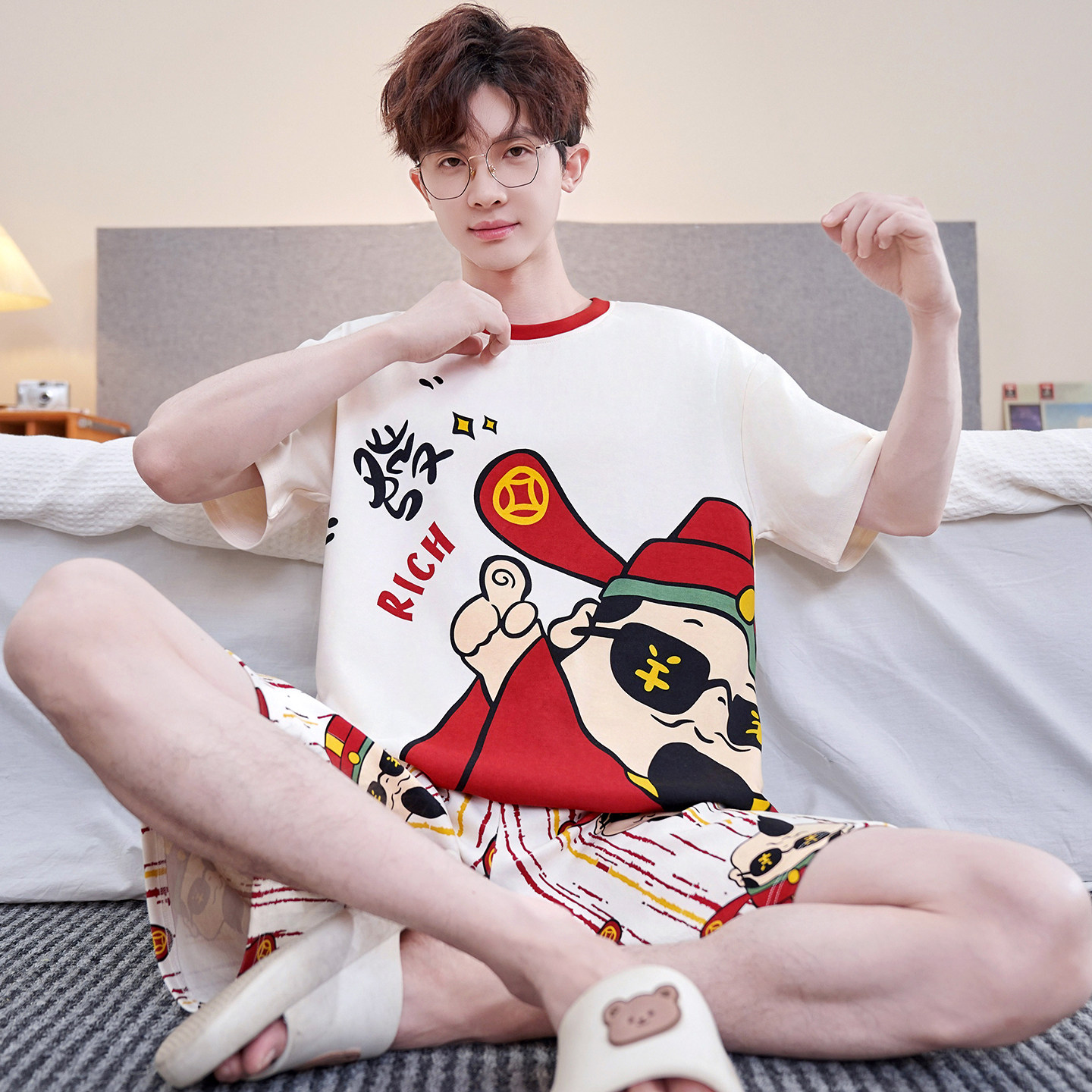 纯棉男夏薄款卡通家居服套装