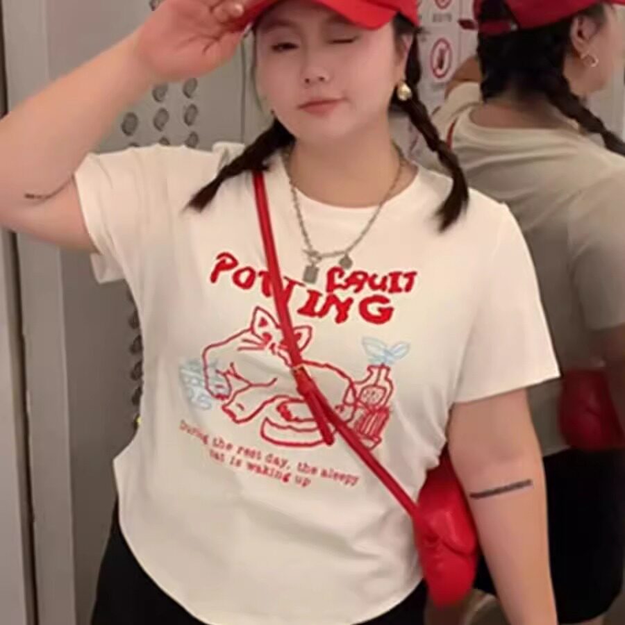 大码设计感不规则短袖T恤女夏季胖mm显瘦小众学生bf百搭正肩上衣