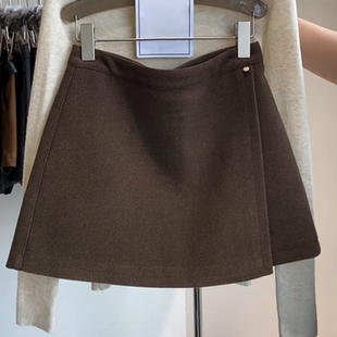 美拉德咖色毛呢半身裙女大码 高腰显瘦A字裙短裙 胖mm2025秋冬新款