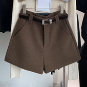 女秋冬大码 高腰显瘦阔腿休闲裤 百搭呢子裤 美拉德咖色毛呢短裤 靴裤