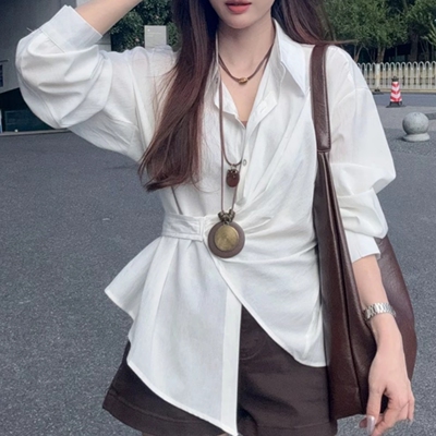 大码胖mm法式白色Polo衫掐腰上衣