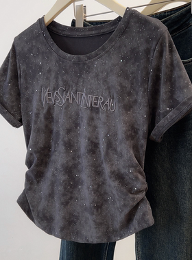美式复古灰色扎染正肩短袖t恤女夏季大码胖mm收腰遮肚子烫钻上衣
