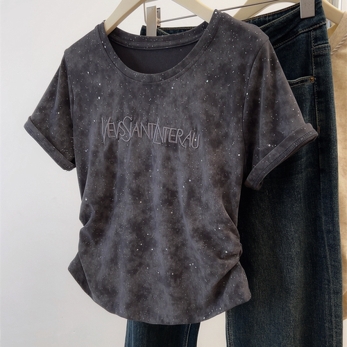 美式复古灰色扎染正肩短袖t恤女夏季大码胖mm收腰遮肚子烫钻上衣