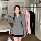 微胖休闲长袖 T恤女装 秋季 大码 Polo领打底衫 胖MM遮肉显瘦内搭上衣