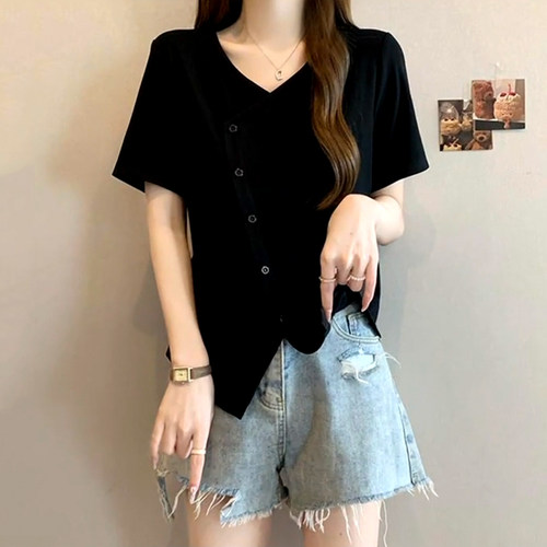 大码不规则设计感V领短袖T恤女2025夏季新款时尚宽松显瘦遮肉上衣