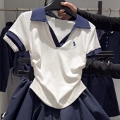 t恤女半身裙套装 胖mm大码 女装 刺绣翻领撞色正肩短袖 显瘦短款 上衣