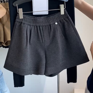 潮 女2025秋冬遮胯休闲阔腿外穿打底靴裤 大码 胖mm高腰加厚毛呢短裤