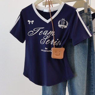 复古V领短袖 T恤夏季 新款 大码 显瘦百搭打底衫 胖mm美式 修身 上衣 女装