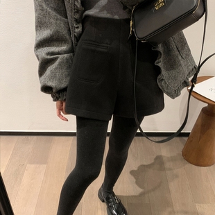 高腰宽松显瘦A字阔腿靴裤 灰色毛呢短裤 新款 胖mm2025秋冬季 女大码