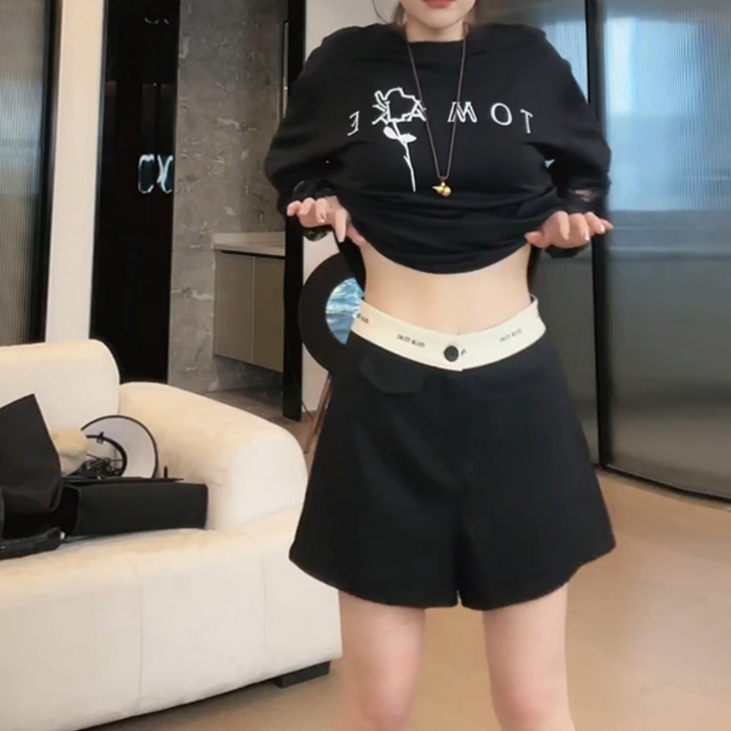 欧货黑色不规则剪裁显瘦西装裤子