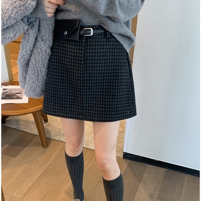 梨形身材格子毛呢半身裙女秋冬大码胖mm小个子高腰格纹a字裙短裙