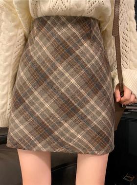 大码复古格子毛呢半身裙冬季新款包臀A字裙子胖mm高腰显瘦短裙女