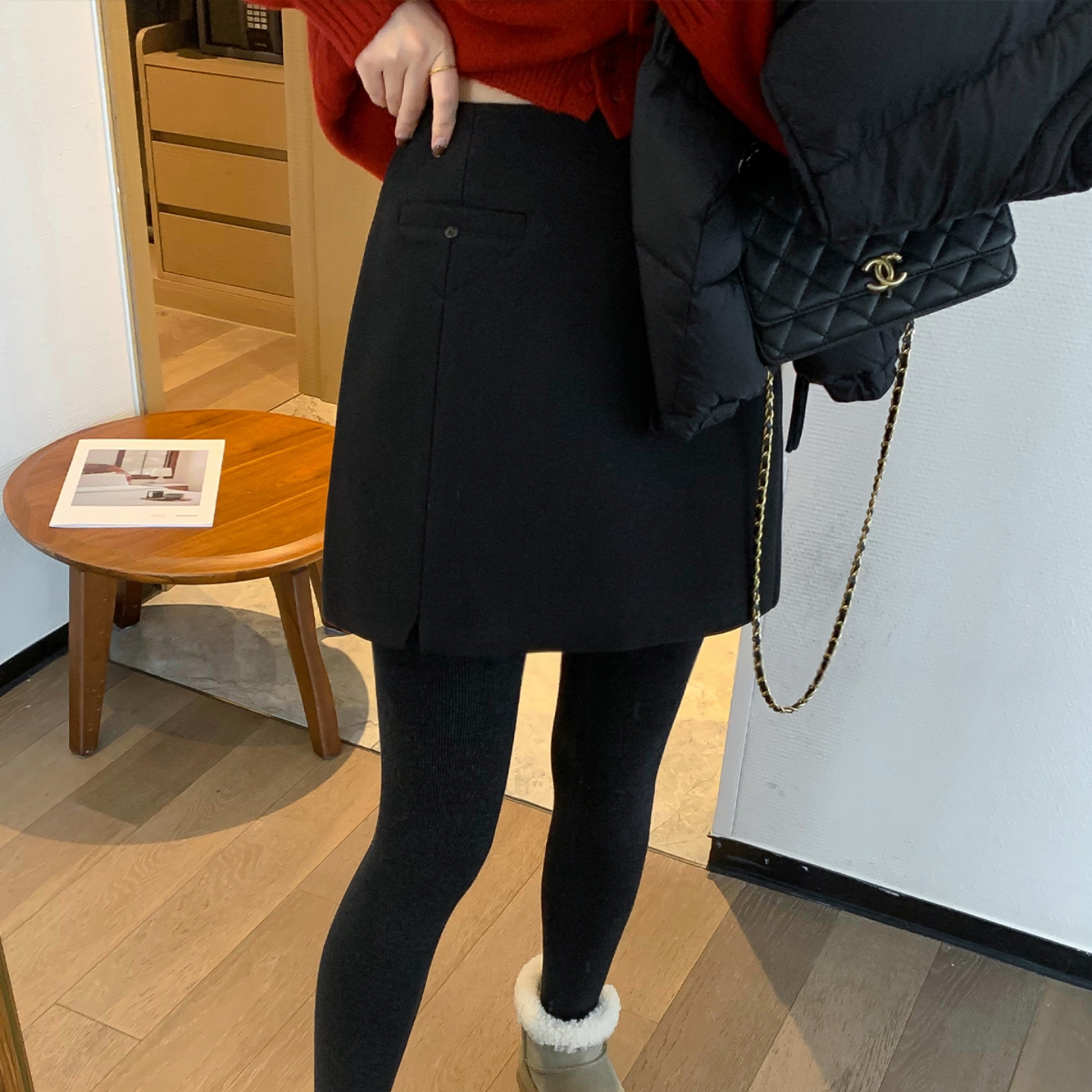 miu系毛呢半身裙女胖妹妹秋冬新款大码高腰设计显瘦百搭a字短裙女