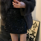 大码 女装 亮片高腰黑色半身裙2025胖mm秋冬梨形身材遮胯a字短裙子