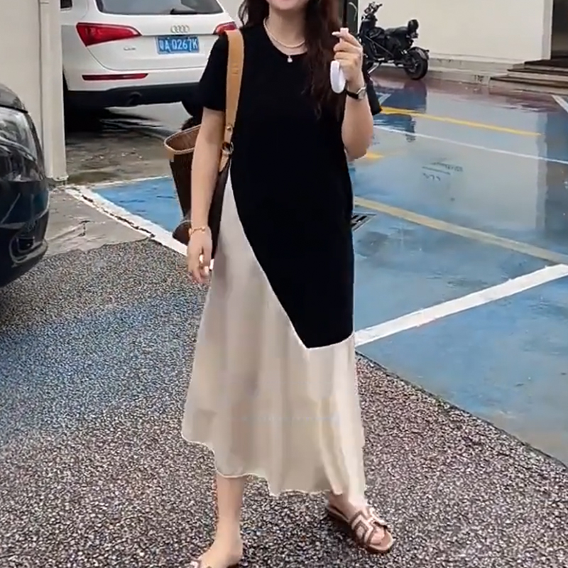 大码百褶下摆撞色拼接t恤连衣裙女夏季新款胖mm宽松显瘦气质裙子