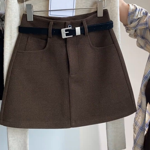 毛呢大码 百搭A字裙小个子呢料咖色防走光短裙子 半身裙女秋冬韩版