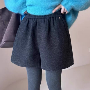 胖妹妹松紧高腰显瘦小个子阔腿休闲裤 毛呢打底短裤 大码 厚款 女冬季