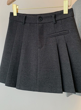 大码女装高腰黑色毛呢超好看冬装半身裙灰色百褶裙胖mm显瘦短裙子