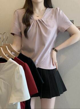 大码时尚小众捏褶正肩短袖t恤女春夏新款胖mm显瘦纯色内搭打底衫
