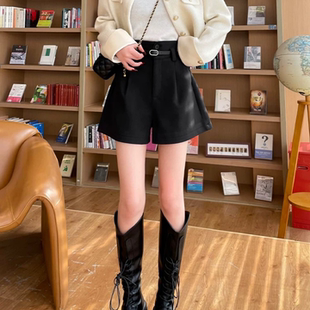 微胖mm黑色毛呢阔腿短裤女秋冬保暖呢子裤小个子a字热裤外穿靴裤
