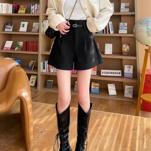 微胖mm黑色毛呢阔腿短裤女秋冬