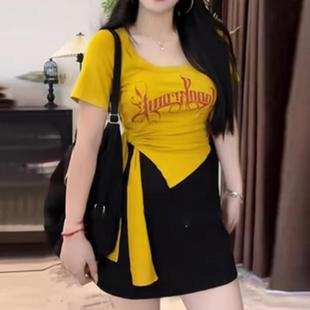 大码 微胖mm显瘦遮肉方领设计感辣妹上衣 小众不规则短袖 t恤女夏季
