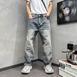 美式直筒裤水洗秋冬牛仔裤宽松百搭潮流男士破洞裤猫须爆款男裤子