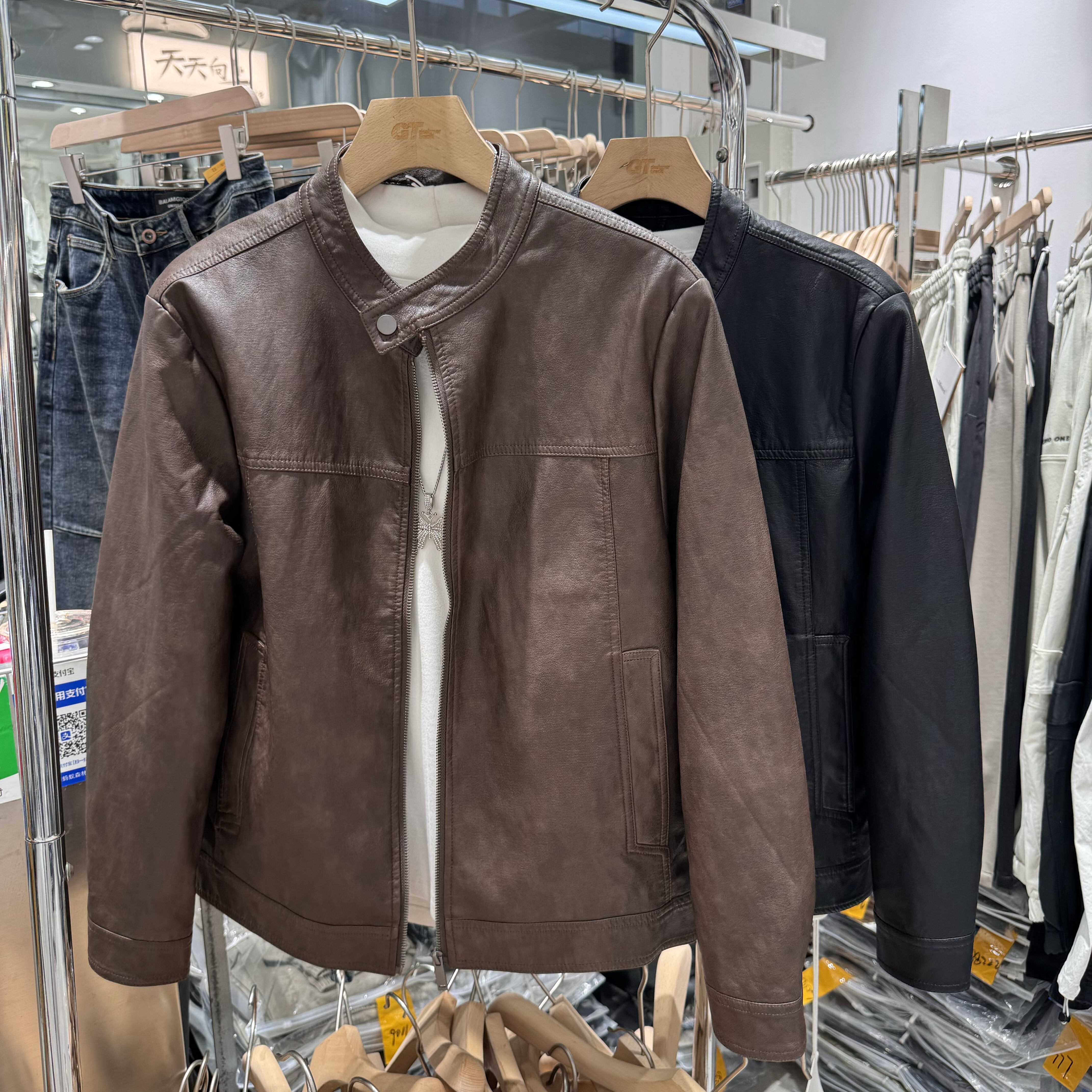 实体店秋季新款圆领一粒扣皮衣机车外套男时尚修身百搭简约PU上衣