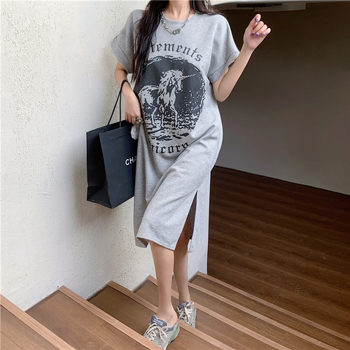 Real price real shot Unicorn large face printed short sleeve dress women's summer long rolled sleeves split T-shirt skirt