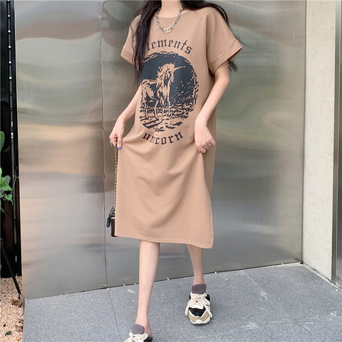 Real price real shot Unicorn large face printed short sleeve dress women's summer long rolled sleeves split T-shirt skirt