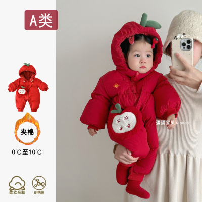 婴儿冬装连体女宝宝衣服外出夹棉服冬季幼儿满月周岁加厚超萌拜年