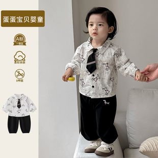 休閑褲 2025秋季 兩件套周歲禮服潮 洋氣小童襯衫 套裝 新款 男寶寶秋裝