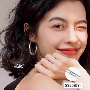 999纯银耳针大圆圈素圈耳环宽圈高级感耳钉耳饰2025新款爆款耳圈