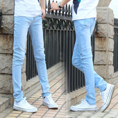 韩版 天蓝色男士 潮男棉弹浅色小脚牛仔裤 秋季 修身 青年男裤 铅笔裤 子