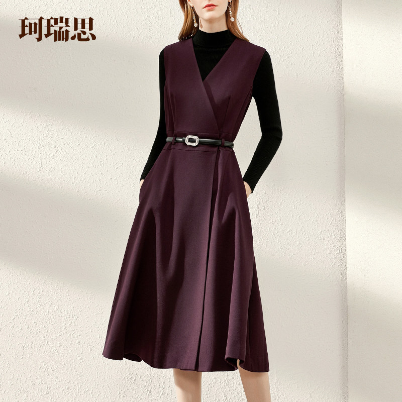 珂瑞思优雅中长款无袖v领连衣裙女秋冬收腰显瘦百搭马甲背心裙子