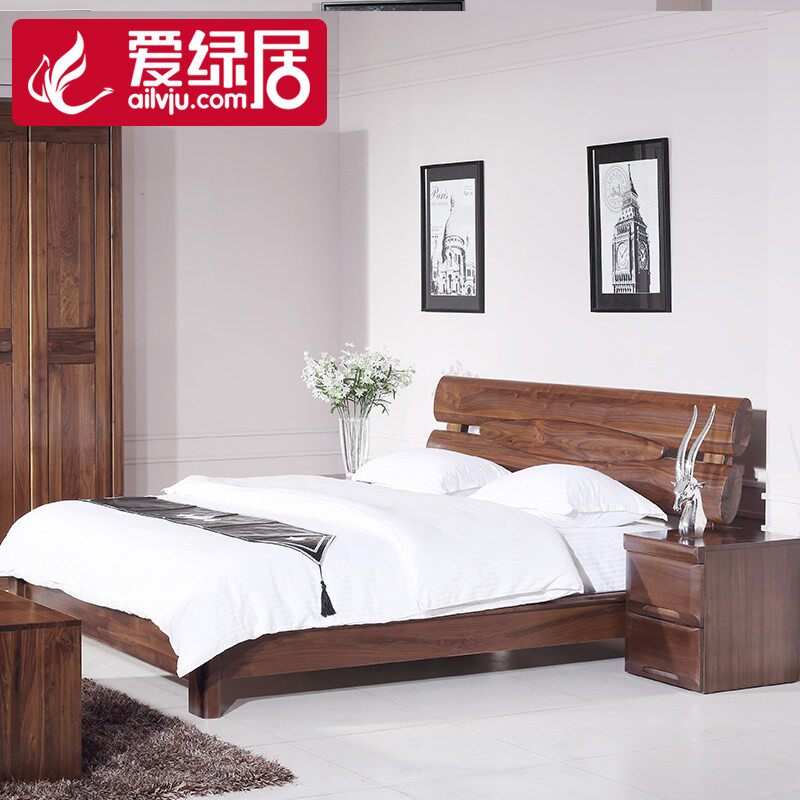 现代简约中式卧室家具 黑胡桃木实木双人床