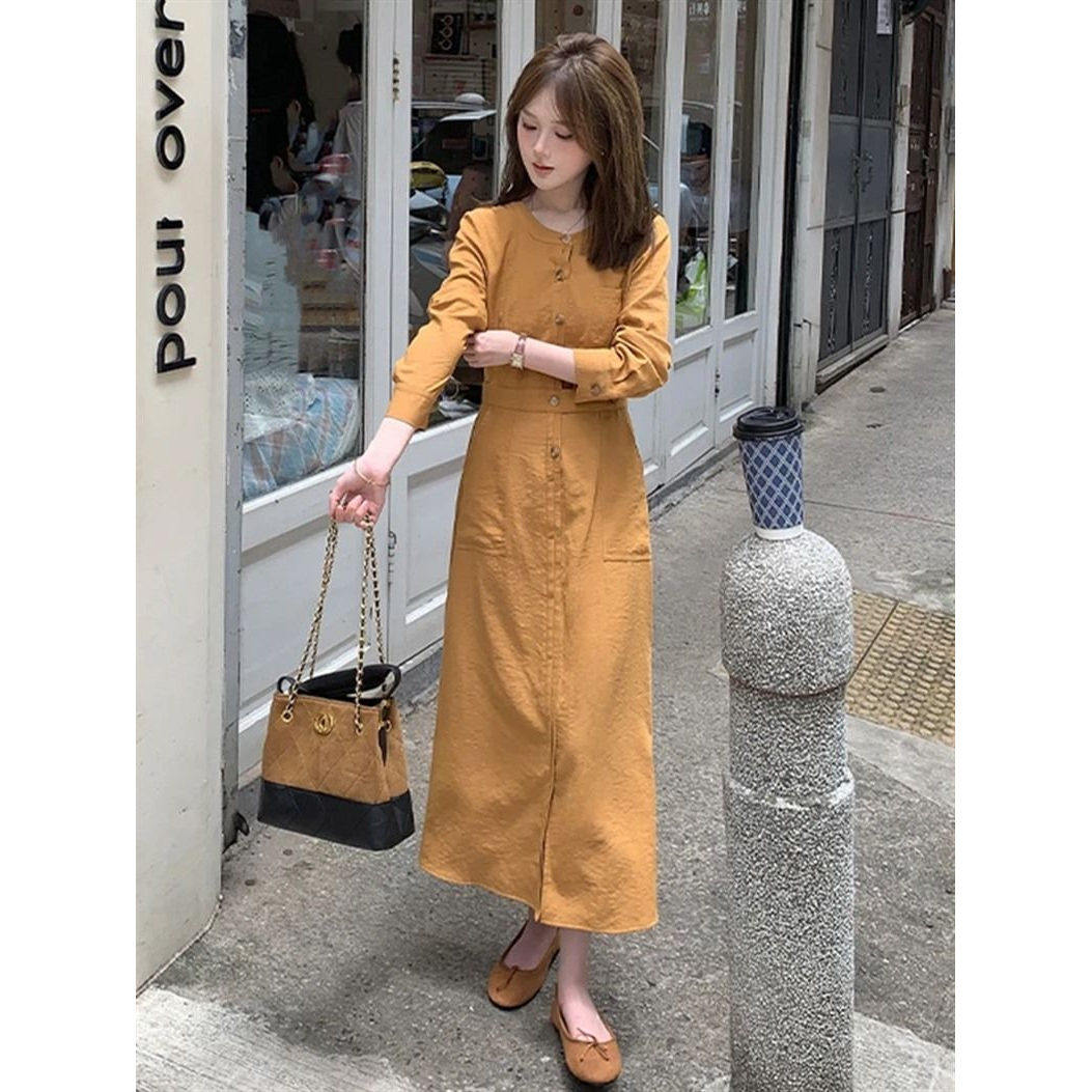 大方得体绝美连衣裙女2026年新款春秋精致小个子穿搭收腰中长裙子
