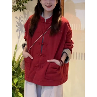 中式红色国风盘扣棉服外套女秋冬新款高级感气质显贵加厚保暖棉衣