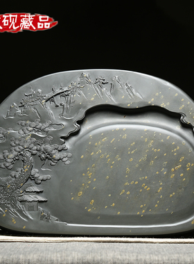 孤品高档砚台歙砚 乔松之寿 精品龙眼金星龙尾天然原石老坑文房端