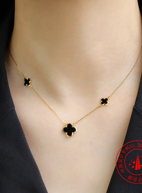 2025爆款925纯银镀18K金经典四叶草黑红色滴釉车花爆闪精致女项链