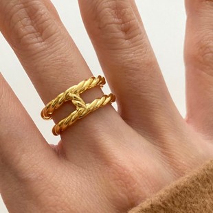 2025年爆款S925纯银镀18K金H字母双层圆圈珍珠夸张个性女食指戒指