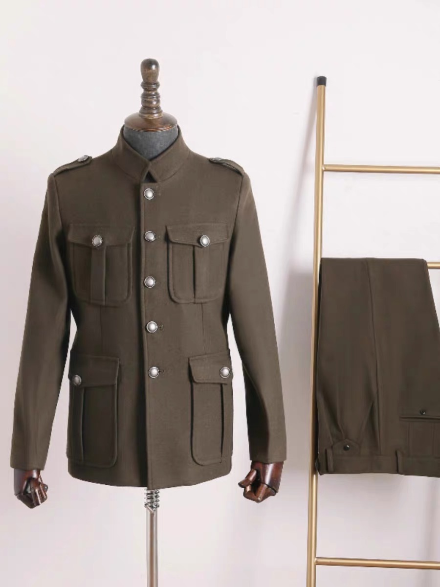 秋冬新款重磅复古占领工装羊毛呢西服套装绅士军绿色西服两件套男