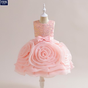 欧美2024新款 亮片花朵蓬蓬礼服裙女童主持礼服 女童礼服公主裙无袖