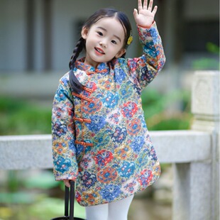 拜年服中国风龙凤呈祥女童旗袍民族可爱花朵冬季中长款童棉服加厚