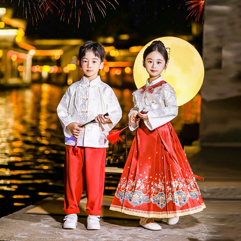 儿童马面裙女童春秋套装小学生改良国风演出服表演服男童汉服唐装