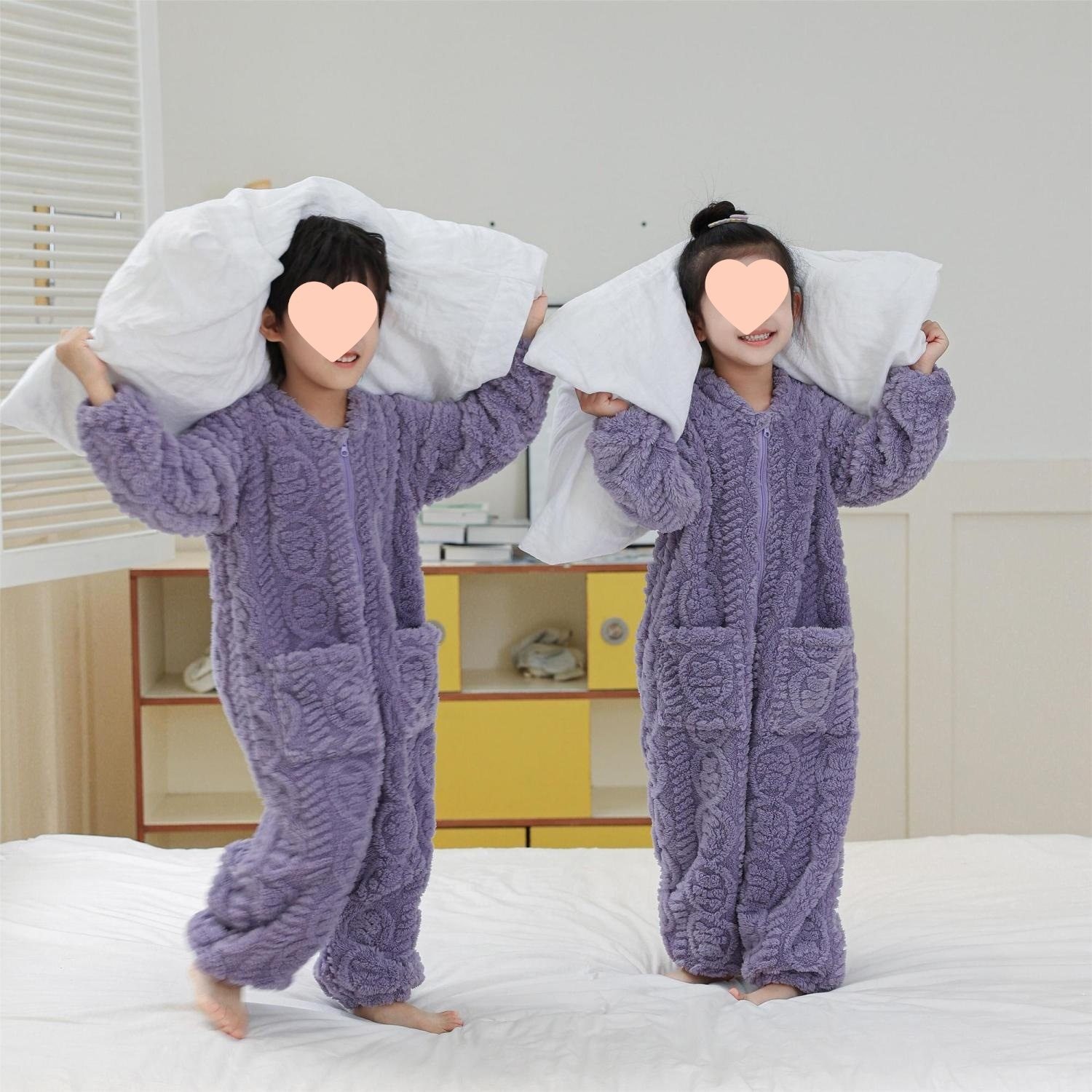 儿童睡袋连体睡衣女童冬季加厚男童亲子法兰绒珊瑚绒家居服宝宝