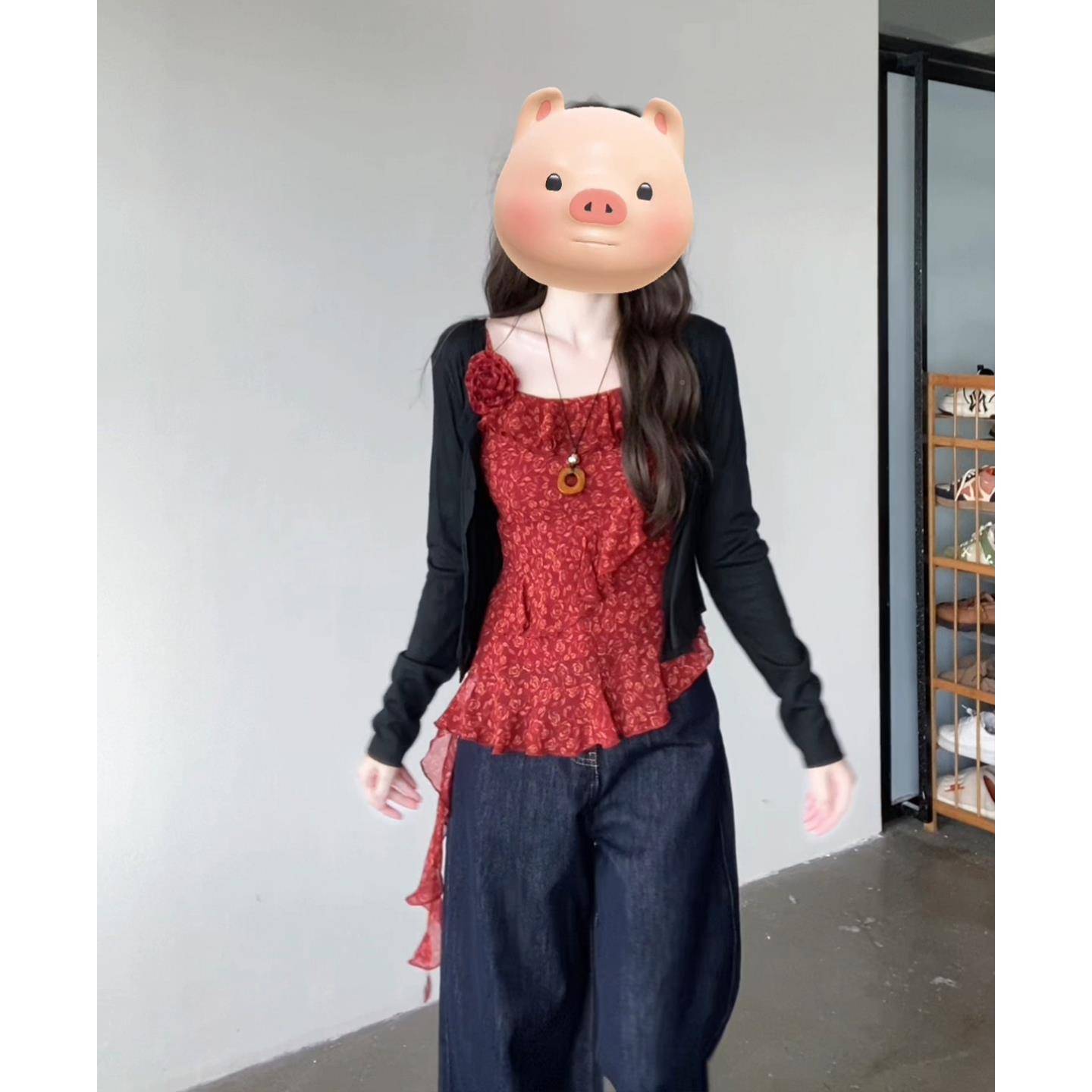 覆法式古叶边grp红色吊带背心女夏季2025新荷款规则独不特漂亮小