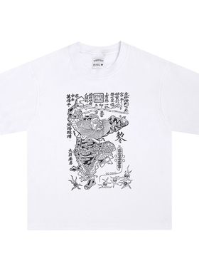 钟馗年画门神传统纯棉宽松白色美式圆领趣味短袖T恤男女高街情侣