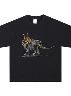 皱褶三角龙 恐龙 侏罗纪世界纯棉美式宽松圆领重磅水洗复古短袖T